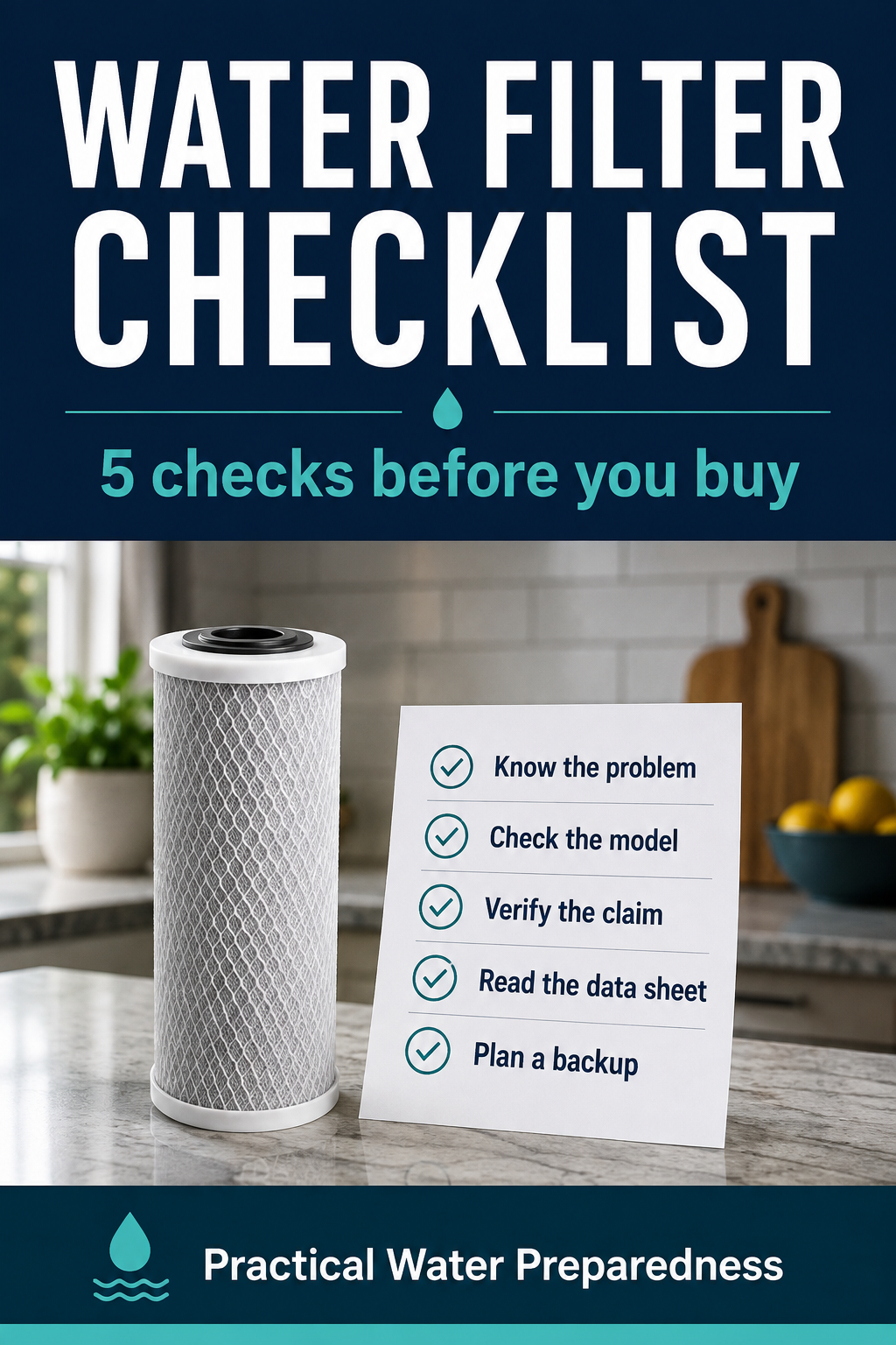 Water-filter checklist: know the problem, check the model, verify the claim, read the data sheet, and plan a backup.